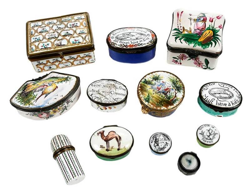 Twelve Enamel Decorated Boxes, Battersea: British and Continental, 18th/19th century, five hinged Battersea boxes with mottoes; bird decoration, signed "AP"; one probably Limoges with hunt scene; and others, 3/4 in to 3 in., Provenance: Colle