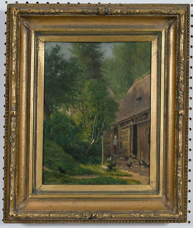 British School Painting: (19th century)Chickens in a Farmyard, signed indistinctly "Conal...1885", oil on canvas, 13-3/4 x 10-1/2 in.; gilt wood and composition frame, 20-3/8 x 17 in., Provenance: Estate of Judge and Mrs. Cha
