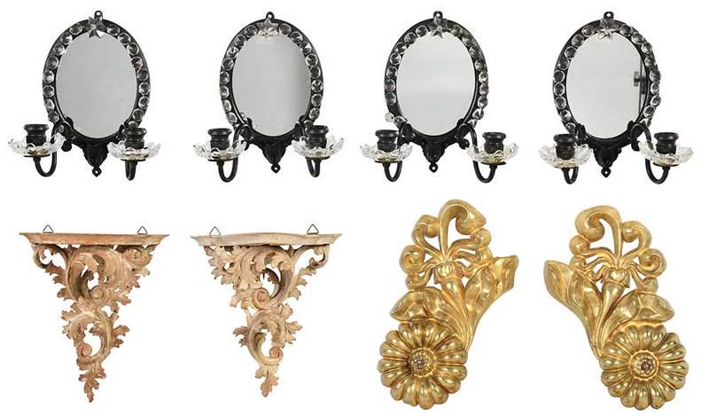Set Four Mirror and Cut Glass Sconces: 20th century, black painted oval mirror backs with two candle arms, faceted glass bead embellishments, 9-1/2 in., Provenance: Collection from an Important American Family