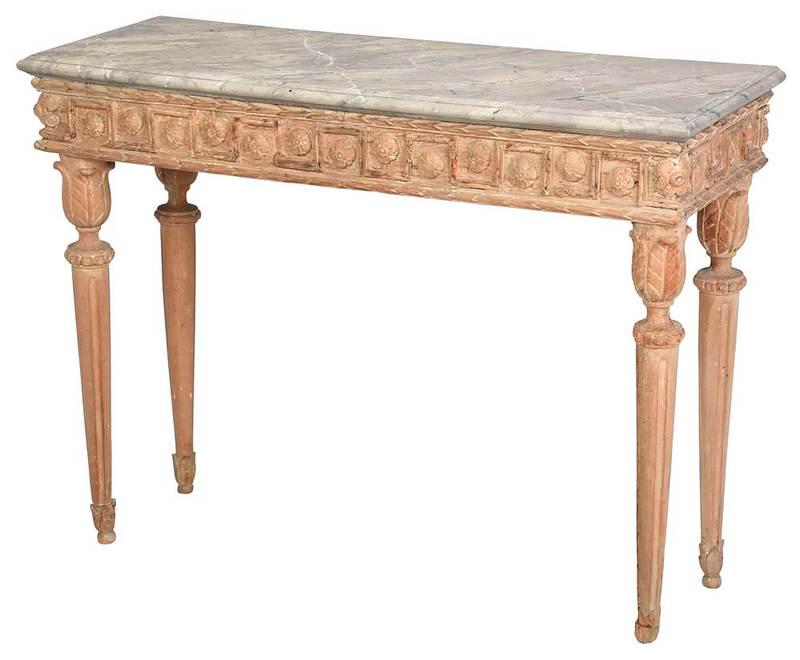Loius XVI Console Table: Continental, 18th century, carved greek key and rosette frieze, fluted legs with acanthus carving, faux painted top, 34-1/2 x 45-1/2 x 16-1/4 in., Provenance: Private Collection, South Carolina