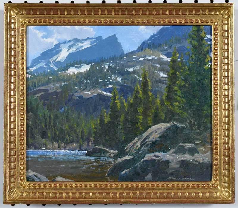 Anthony Watkins: (Virginia, b. 1953)Bear Lake Rocky Mountain National Park, 1997, signed lower right "Anthony Watkins", oil on canvas board, 10-1/4 x 12-1/2 in.; reproduction carved gilt wood Heydenryk frame, 12-1/4 x