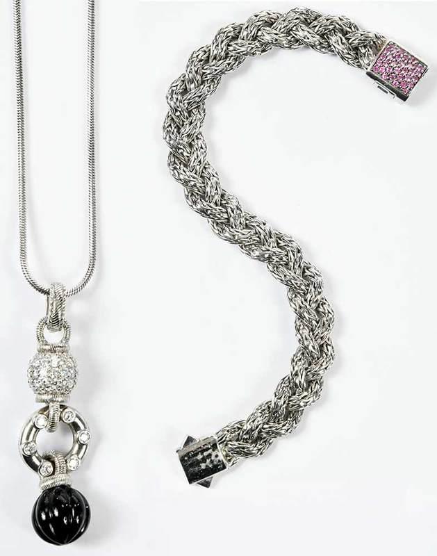 John Hardy Bracelet and Judith Ripka Necklace: bracelet, 32 pink diamonds, stamped "Hardy, 925" and with maker's marks, 1/2 in. wide, 7 in. lg., 31.4 grams; necklace, imitation stones, stamped "Judith Ripka, 925, Thailand", pendant 2-1/2 in. lg.,