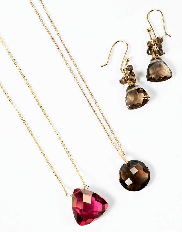 Three Pieces Suzanne Kalan Gold & Gemstone Jewelry: necklace, one triangle shaped fancy cut pink coated stone, stamped "S.Kalan, 14K-USA", yellow gold, 18 in. lg., 4.0 grams; necklace, round fancy cut smoky quartz bead, four round brilliant diamonds, s