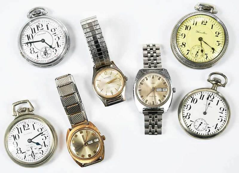 Group of Seven Non-Gold Time Pieces: three wrist watches: two Timex, Wakmann, plated base metal and stainless steel, all with expandable bands, 6 to 6-1/2 in. inside, 188.4 grams; four pocket watches, 50 to 55mm cases, including: two Wal