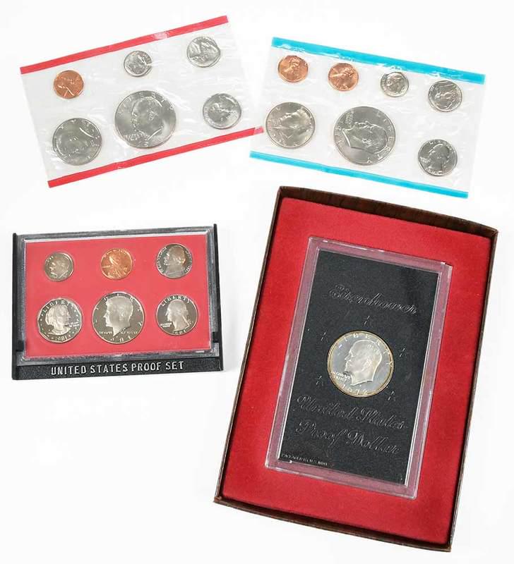 U.S. Coin Sets: Mint Sets: 1970, 1973, 1987 (x15); Proof Sets: 1968 (x3), 1976, 1979 (x6, two contain Type II Anthony Dollars), 1980, 1981 (x18), 1982 (x5); "brown box" Proof Ikes (x4); Bicentennial three-coin sets, 