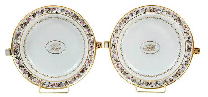 Pair Chinese Export Warming Dishes: 19th century, gilt borders, grape vine and leaf motif, central monogram, with receipt from unnamed retailer dated 2004, outlining pair of Chinese export warming dishes, indicating a price of $1,200,