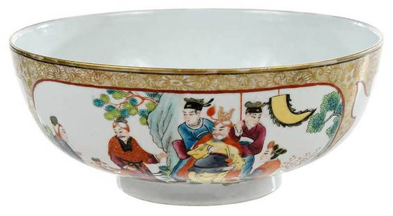 Chinese Export Famille Rose Enameled Bowl: Qing dynasty, brightly decorated in the Rose Mandarin palette, with panels depicting Empress and her attendants on horseback, Emperor with his attendants, figures with tiger and dragon, intricate