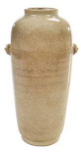 Chinese Cream Glazed Ceramic Vase: Qing dynasty, crackle glaze, two relief animal masks, incised decorative square spiral band joining masks, with copy of appraisal stating Qing dynasty, 10 in., Provenance: Estate of James N. Dunlop,