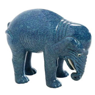 Blue Chinese Export Porcelain Elephant: 19th century/Republic period, mottled blue glazed surface with white and black accents to eyes and tusks, 8 in., Provenance: Private Charleston Collection