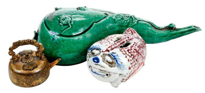 Three Chinese Water Droppers: late 19th/20th century, gilt bronze kettle form with bail handle; apple green gourd form ceramic with molded leaves and insect decoration; ceramic animal form with painted facial features, attached