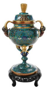 Fine Chinese Cloisonne and Gilt Lidded Censer: probably late Qing dynasty, pierced lid with stylized bats and clouds, on a squat round form flanked with bat mask handles, supported on three figural legs emerging from gilt foo dog masks,