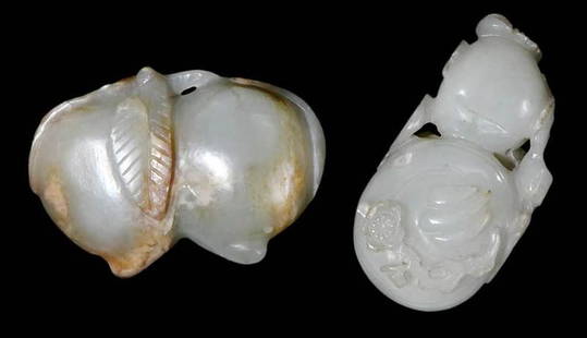 Carved Jade Double Peach and Double Gourd Pieces: Chinese, double gourd with carved flower and bat, 2-1/4 in.; double peach with carved leaves, 2-1/4 in., Provenance: Private Collection, Georgia