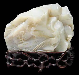 Carved Jade Boulder and Wood Stand: Chinese, rocky outcrop with birds, 6 in. with stand, Provenance: Private Collection, Georgia