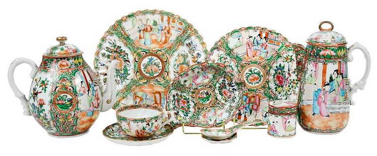 54 Piece Rose Medallion Service: Chinese, late 19th century,ÿgilt and enamel decorated with panels depicting figures, flowers, and insects, comprising nine dinner plates; six luncheon plates; eight teacups; seven saucers; three