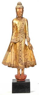 Burmese Carved Gilt Wood Standing Buddha: probably early 20th century, large figure on lotus base, "jeweled" details to head and robe, later wood plinth, 44-1/2 in. figure only, 50 in. overallÿ, Provenance: Collection of a World Traveler
