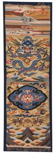 Chinese Kesi Slit Silk Tapestry Panel: four clawed dragon under flying crane, running horses at bottom, silk and gold metallic threads, mounted to board, 78 x 24-1/2 in., Provenance: Collection of a World Traveler