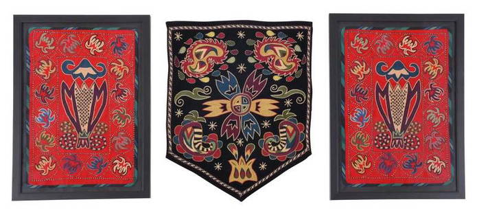Three Uzbekistan Embroidered Panels: Central Asia, 20th century, near pair with silk on red felt, 17 x 12 in. (sight), later frame, 21 x 15 -1/2 in.; chevron shaped panel, silk on black felt, printed cotton backing, 20-1/2 x 16 in.,