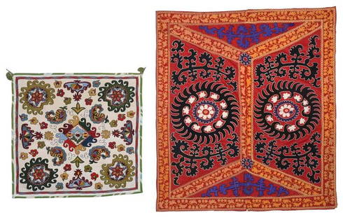Two Uzbekistan Embroidered Panels: Central Asia, one probably Lakai, late 19th/early 20th century, with pin wheels and boteh forms, silk on silk, cotton backing with tassels in corners, 33 x 33 in.; one 20th century, probably a cradle