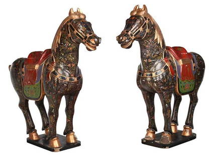 Large Pair Asian Carved Wood Horse Figures: 20th century, lacquer decorated caparisoned horses standing on platforms with open mouths and flaring nostrils, with hand painted flora and fauna decoration including phoenix, lions, dragons, bats