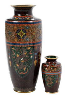 Two Japanese Cloisonne Vases with Gold Stone: probablyÿMeiji period, vase with alternating banners of phoenix and dragon depictions, floral borders with moths, gold stone highlights, on a red-brown enamel ground, green enameled interior and