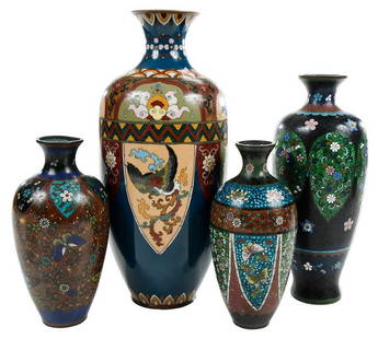Four Japanese Cloisonne Vases: probablyÿMeiji period, vase with alternating banners depicting mythical birds and flowers on blue enamel ground; two vases with flowers and insects, ginbari and goldstone highlights; vase with