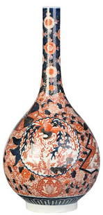 Large Japanese Imari Bottle Vase: 19th/20th century, iron red, blue, and gilt decoration, with panels depicting mythical birds and fish, 18-3/4 in., Provenance: Estate of Judge and Mrs. Charles Neese, Greeneville, Tennessee; By