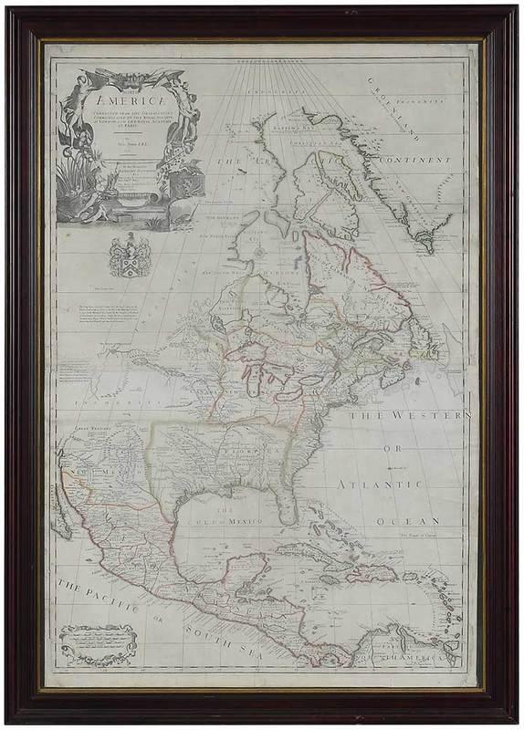 John Senex Map of North America: British, 1710, North America Corrected From The Observations Communicated To The Royal Society, decorative cartouche in upper left, engraving with hand colored highlights, on laid paper, 40 x 27 in.;