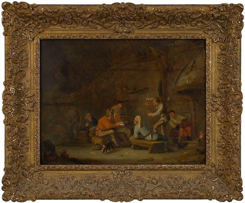 Follower of Adriaen and Isaack van Ostade: (Dutch, 17th century)Tavern Scene, bears signature lower left "Isack v Ostade/16?6", oil on panel, 17 x 22-1/8 in.; gilt wood and composition frame, 25-3/4 x 31-1/8 in.Note: This lot is accompanied by