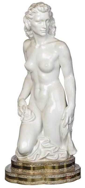 Meissen Blanc de Chine Nude Female Figure: design by Robert Ullman (Austrian, 1903-1966), allegorical figure of spring, under glaze crossed sword mark and impressed "Kop.n. Robert Ullman" on back, mounted on stepped brass base, 21 in. (figure