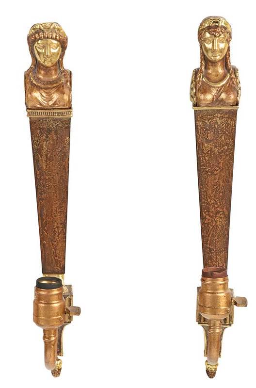 Near Pair French Empire Figural Tole Sconces: 19th century, with distressed paint and gilt surfaces, each with tapering Term form fluid reservoir, surmounted with removable Classical bust of a woman, supporting a single candle arm, later electrif