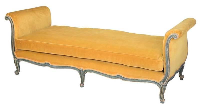 Venetian Upholstered Recamier or Window Seat: Continental, late 19th century, cabriole legs with light blue and gold paint, yellow velvet upholstery, 30-1/2 x 86 x 32 in., Provenance: Collection from an Important American Family