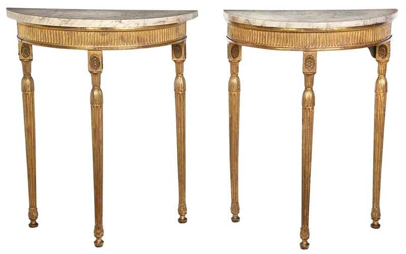 Pair of Adam Demilune Tables with Marble Tops: British, 18th century, carved reeded giltwood frieze skirt and legs, white marble with grey veining, 34 x 28 x 13-1/4 in., Provenance: Peter Mack Brown, Washington D.C.; Collection from an Important A