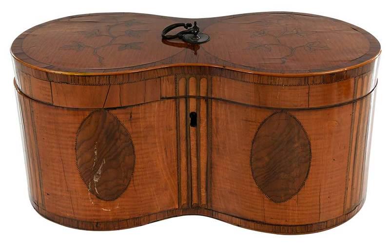 Rare George III Inlaid Satinwood Double Box: British, early 19th century, box or tea caddy shaped as figure eight, cross banded with inlaid ivy vines top and ovals on sides, silk lined interior, lacking key, accompanied by Arpad Fine Antiques Ca