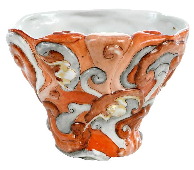 Chinese Enameled Porcelain Libation Cup: Qing dynasty, molded with iron red Lingzhi branches and gilt painted bats, 3-1/2 in.ÿ, Provenance: Collection from an Important American Family