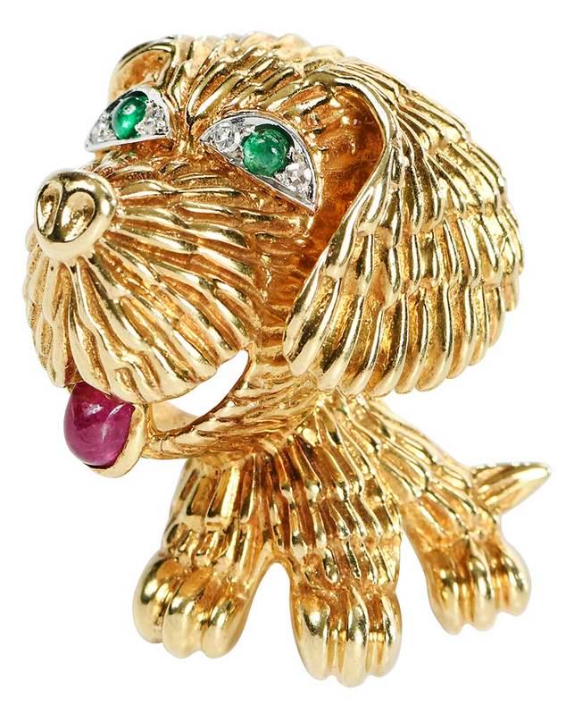 Van Cleef & Arpels 18kt. Gemstone Dog Brooch: one ruby cabochon, two emerald cabochons, four single cut diamonds, stamped "Van Cleef & Arpels, NY, 1/640.6, 18K", yellow gold, 1-1/2 x 1in., 21.5 grams, Provenance: Private Collection, Charlotte, No