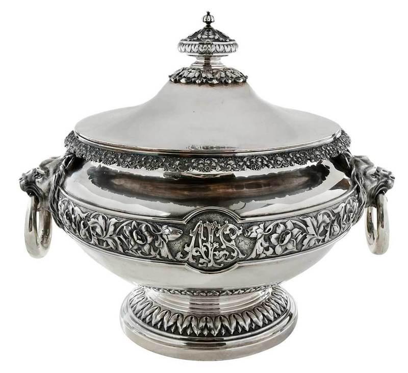Dominick & Haff Large Sterling Tureen: American, late 19th century, round with central floral band, lions head and ring handles, acanthus leaf finial, monogram,ÿmarks for Dominick & Haff,ÿ111.46 oz. T., 12-1/4 x 15 in., Provenance: Estat