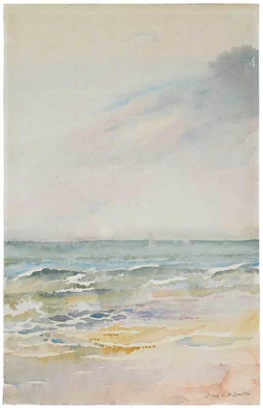 Alice Ravenel Huger Smith: (Charleston, SC, 1876 - 1958)Seascape with Sail boats, signed lower right, "Alice R H Smith", watercolor on paper on board, 21-3/4 x 14 in.; conservation framing, 25 x 17 in.