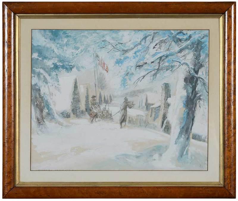Everett Shinn: (American, 1876-1953)George Washington at Valley Forge, 1924, signed and dated lower left "Everett Shinn/1924", pencil, gouache, watercolor on board, 11-1/4 x 14 in.; burl wood frame, 15-1/2 x 18-1/2