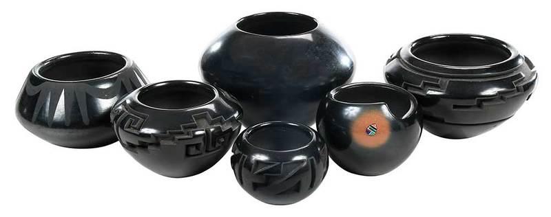 Six Signed Santa Clara Pueblo Blackware Pots: American Southwest, 20th century, bowl signed "Jeffrey S. Roller/03-85"; two signed "Effie Garcia SCP"; signed "Carol Velarde/Santa Clara"; mounted with small multicolored stone, signed "Dora of San I
