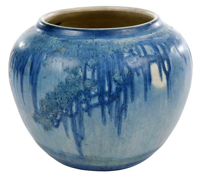 Newcomb Pottery Henrietta Bailey Scenic Vase: New Orleans, Louisiana, early 20th century, matte glaze with a full moon peeking through the branches of Spanish moss, Newcomb mark, cipher mark for Henrietta Davidson Bailey (1874-1950), initials of
