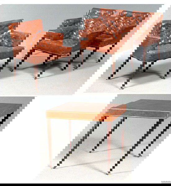 Four brown leather armchairs, table: mahogany, tufted leather upholstery, with brass tack borders, 32 x 25 x 22 in.; table with tapered legs with brass cuffs and casters, tooled leather top and sides with gilt decoration, 20th century, 2