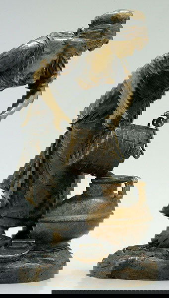 Bronze peasant woman with water jug,: scullery maid pouring water into jug, signed on base "Carlier", possibly Maurice Carlier (Belgian, 1894-1976), mellow gold and brown patina, 6 in. Provenance: Bowden Collection.