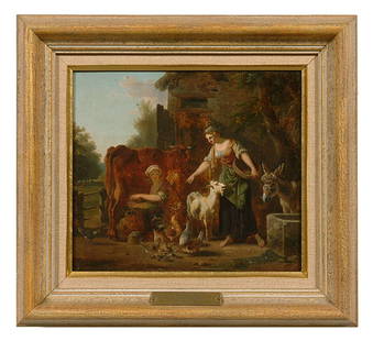 Painting attributed to Demarne,: peasant women in a barnyard with animals, attributed to Jean Louis Demarne (French, 1752-1829), old partial label verso with artist's name with ink inscription "Collection de Mr. le Marquis de Railleu