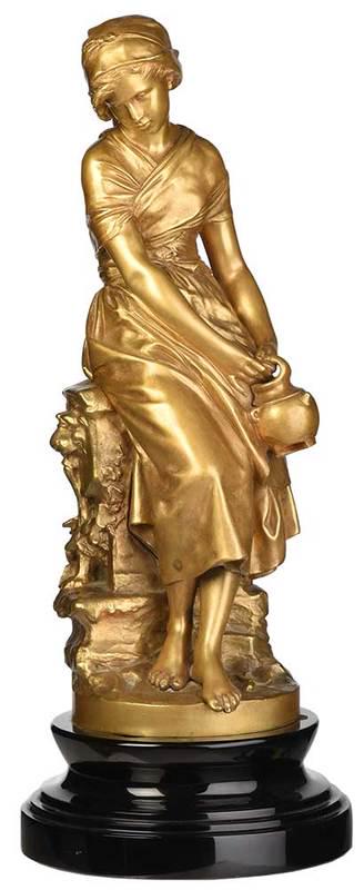Mathurin Moreau: (French 1822-1912)Young Girl Resting at a Fountain, signed "Math Moreau", "Medaille D' Honneur" pastille, gilt bronze on black marble socle base, 22-1/2 in., Provenance: Private Collection, Oklahoma C