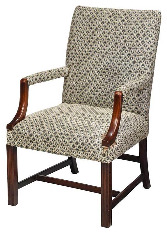 Chippendale Style Mahogany Library Chair: late 19th century, peacock feather pattern upholstery, mahogany frame,ÿ38-1/2 x 21-1/2 x 24 in., Provenance: Private Collection, Maryland
