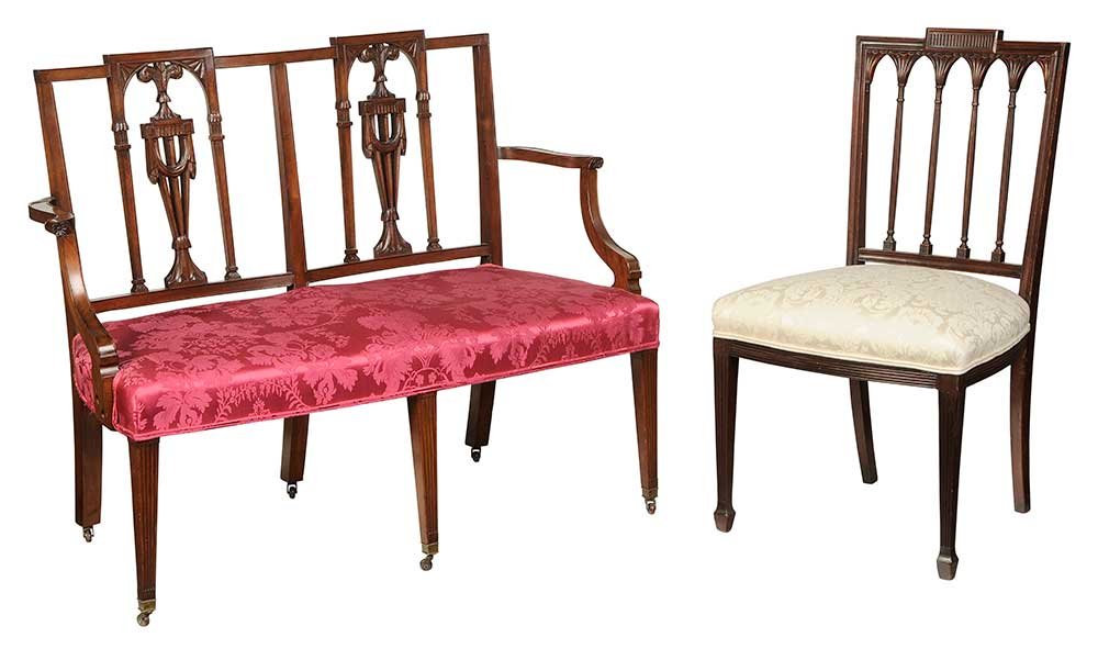 New York Federal Style Double Settee, Side Chair: American, probably late 19th century, with drapery and feather carved back, scrolled arms with rosettes and reeded tapered legs, red silk damask upholstery, set on casters, 35 x 45 x 20 in.; together 