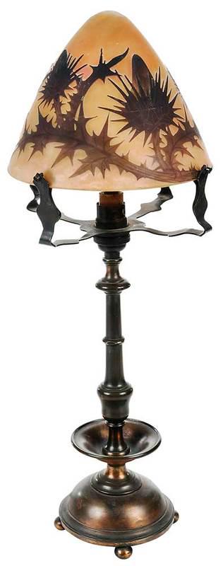 Art Glass Lamp with Daum Nancy Signed Shade: early 20th century, bronzed metal single socket lamp base, unsigned, with cameo thistle designed shade, signed "Daum Nancy", 17-1/2 in., Provenance: Private Collection, Delaware
