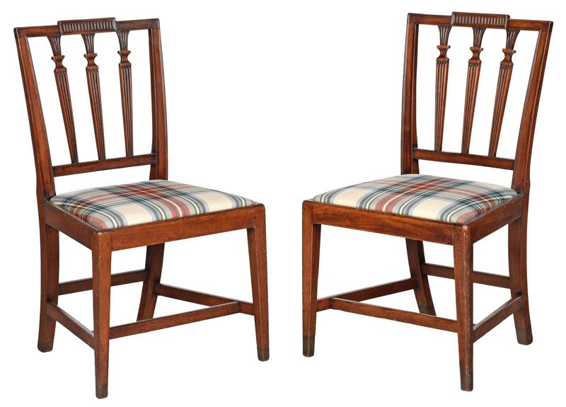 Pair of American Federal Mahogany Side Chairs: late 18th/early 19th century, with a carved and reeded top crest rail and three center splats, with modern upholstery seat cushion, stretcher base, 34-1/2 in., Provenance: Collection of Anthony Baratt