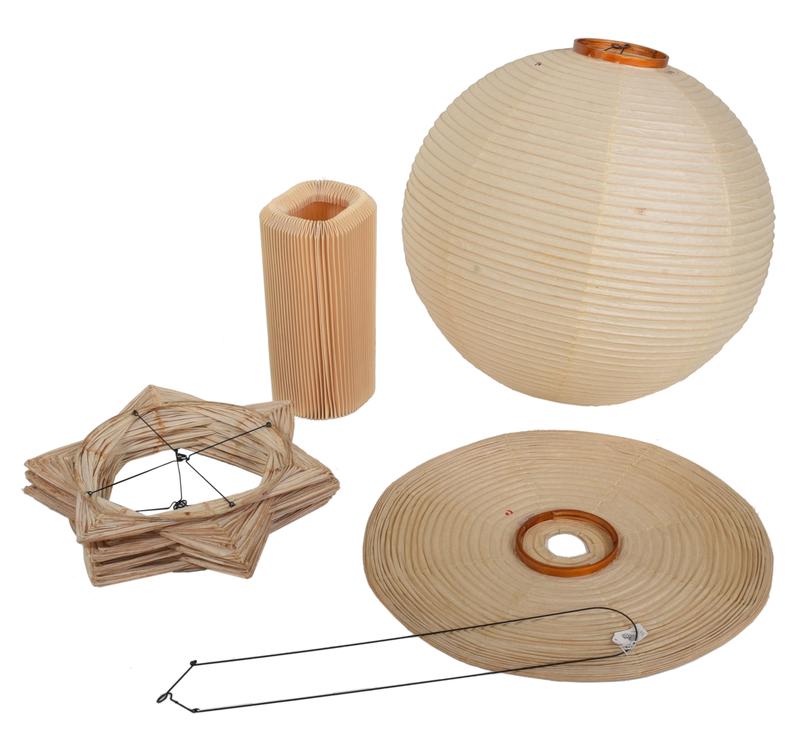 Four 20th Century Paper Lamp Shades: three Akari by Isamu Noguchi (1904-1988), washi paper with bamboo ribbing, wood and metal frames, Akari marks, stamped "Made in Japan", with original boxes, largest 54-1/2 in.; one Le Klint, cylindric