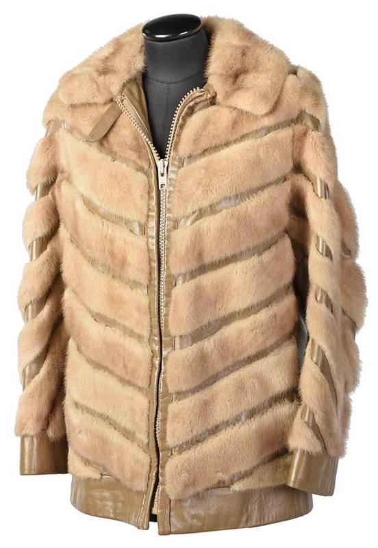 Leather and Mink Jacket with Chevron Pattern: with pockets, collar, racer neck and fastener under collar, hidden interior pocket with embroidered name "Jane Robinson", YKK zipper, size approximately medium, length 28-1/2 in.ÿ, Provenance: Privat